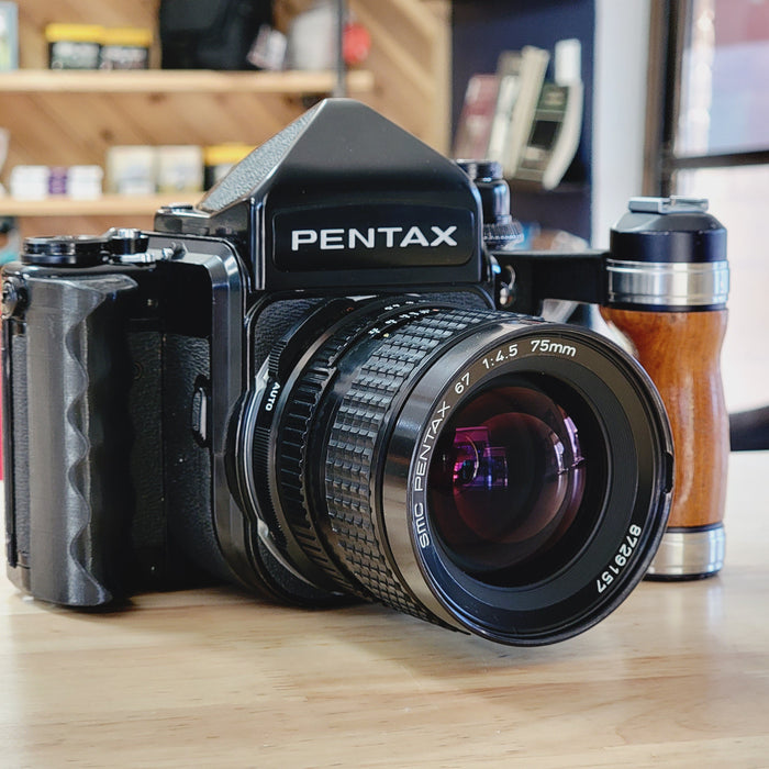 Pentax 67 Body (Late) with metered viewfinder, grips and 75mm f/4.5 Lens